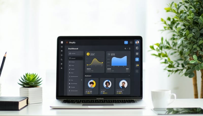 Shopify expert working on a laptop, showcasing a modern e-commerce dashboard.